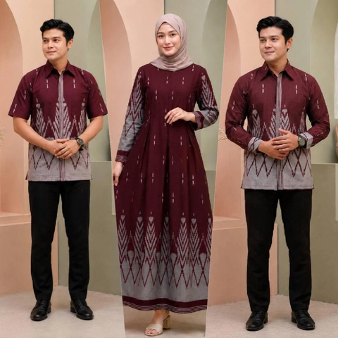 Kois Batik - Batik coupel gamis kemeja panjang dan pendek motif davie burgundy