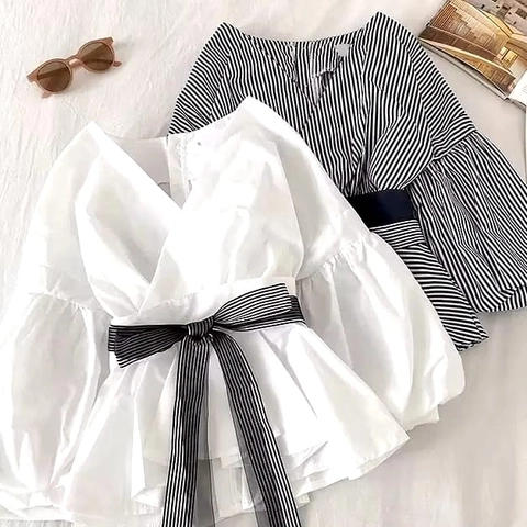 Muslim Clothing - Muslim Clothing-Oslin Top Blouse Waist Strap Plain Stripe Atasan Remaja Wanita Muslim Korean Style P
