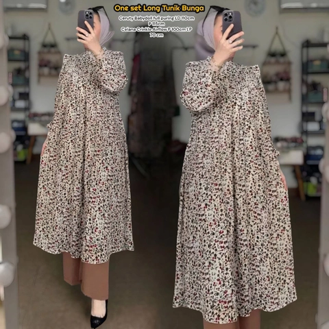 Valencia - Bunga Set - One Set Wanita Long Tunik Ceruty Babydoll Setelan Wanita Kekinian LD 110 cm