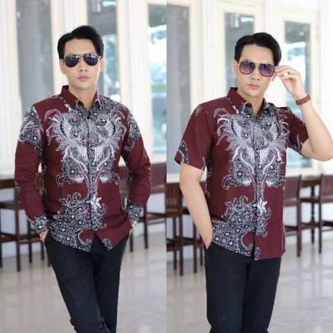 Khisna collection - Kemeja Batik Pria Dewasa Kekinian Modern Motif Burgundy