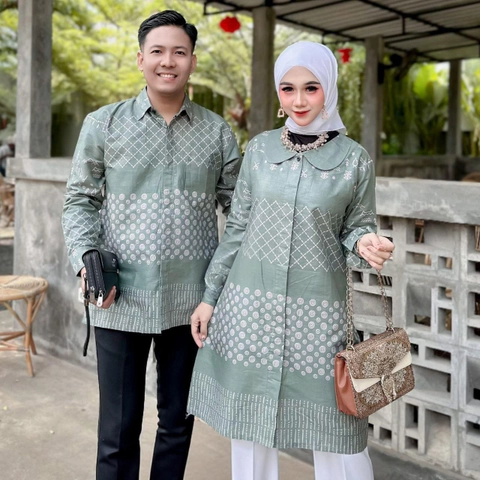 Kois Batik - Atasan batik couplen kemeja dan tunik motif jaring sage modern