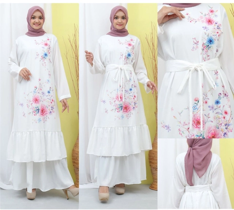 Syahrinda [TA] - Gamis Wanita Dress Panjang Putih Premium Kamila Motif bunga Rose Blossom