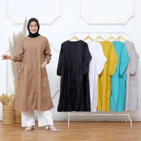 Amha Collection - TUNIK LINEN WANITA DEWASA POLOS SAKU