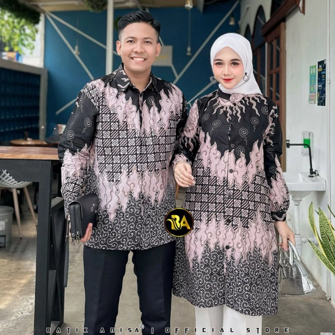 Batik Alfin - Baju atasan muslim kemejan dan Tunik motif meda mendung hitam kombinasi