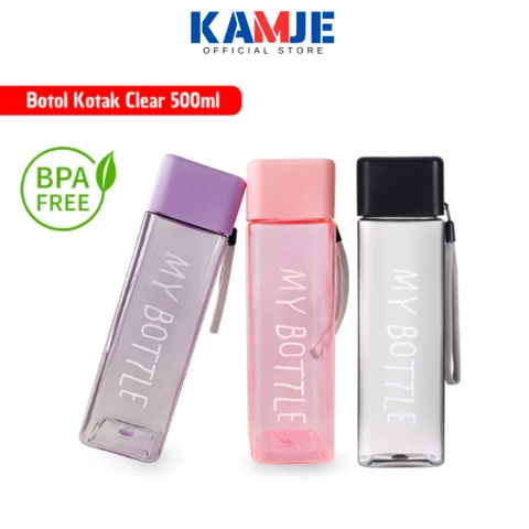 KAMJE Botol Minum BPA Free 500ml My Bottle Kotak Petak Persegi Clear Transparan KMJ189