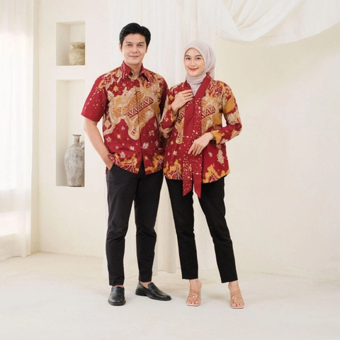 Kois Batik - Atasan Batik Coupel Modern Blouse Wanita Dan Hem Pria Kekinian Motif azzura merah