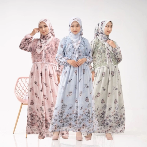 Jembar Collection - Haruka Dress Gamis Ceruty Printing Mix Burkat Tile Set Hijab Segi Empat