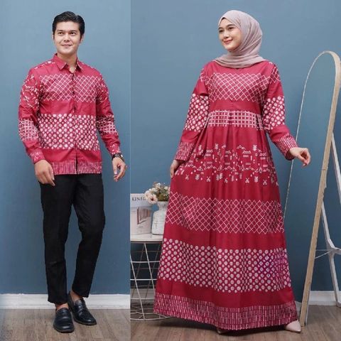 Kois Batik - Batik coupel gamis dan kemeja standar jumbo modern motif jaring merah