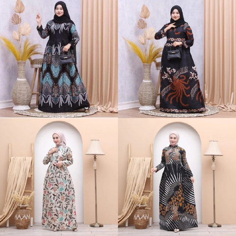 Batik Alfin - Gamis Batik wanita Cantik ada 4 motif pilihan model kekinian terbaru