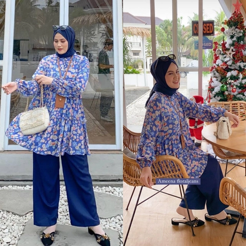 Valencia - Ameena Set - One Set Wanita Rayon Premium Setelan Baju Ruffle Lengan Balon Panjang Set Celana Panjan