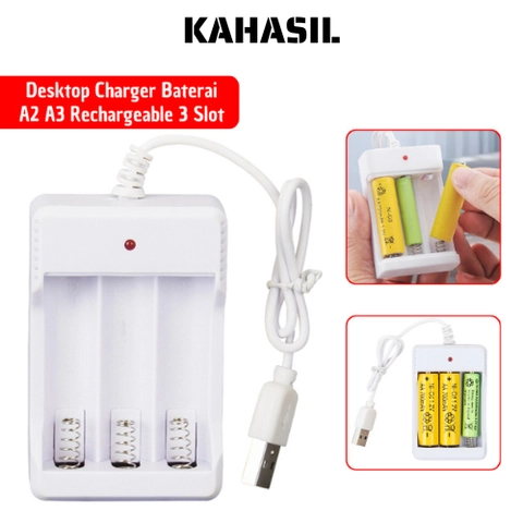 KAHASIL - Desktop Charger Baterai Isi Ulang 3 Slot A2 A3 Rechargeable Kabel USB Casan Adaptor