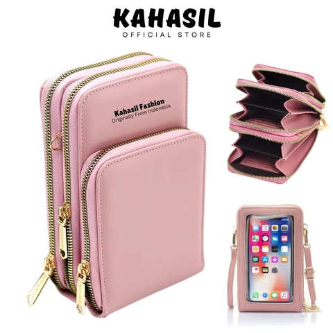 KAHASIL - Tas Dompet Hp Wanita Selempang Resleting 3 Bahan Kulit PU Leather KHDP16