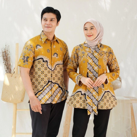 Kois Batik - Atasan Batik Coupel Pria Hem Dan Wanita Blouse New Mitif bintang kuning