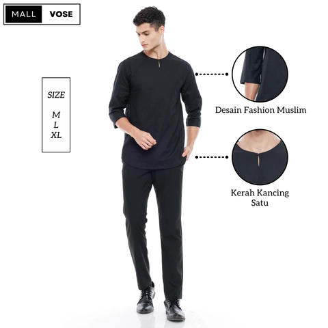 MALLVOSE - Kemeja Pria Kurta Lengan 3/4 MV04 Kasual Hitam Premium Dewasa