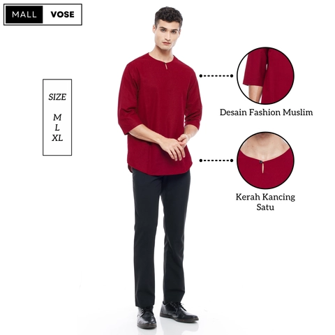 MALLVOSE - Kemeja Pria Kurta Lengan 3/4 MV04 Kasual Maroon Premium Dewasa