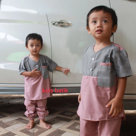 Kois Batik - Baju muslim anak setelan baju dan celana lengan pendek abu lilac