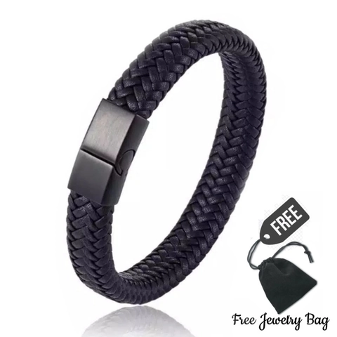 GAWUNG - Gelang Kulit Pria Hitam Stainless Steel Leather Bracelet Premium Quality - GGKSPH