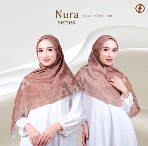 Forall Hijab - NURA Jilbab Kerudung Motif Digital Printing Segi Empat Voal Lasercut Logo Plat Gold