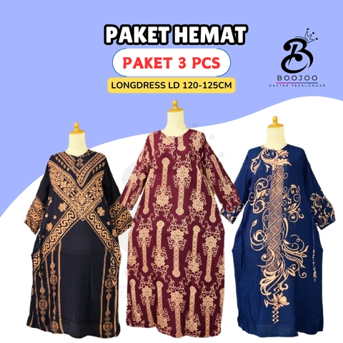 BOOJOO DASTER PEKALONGAN - Boojoo-Paket 3pcs Longdress Jumbo Bahan Rayon Motif Random