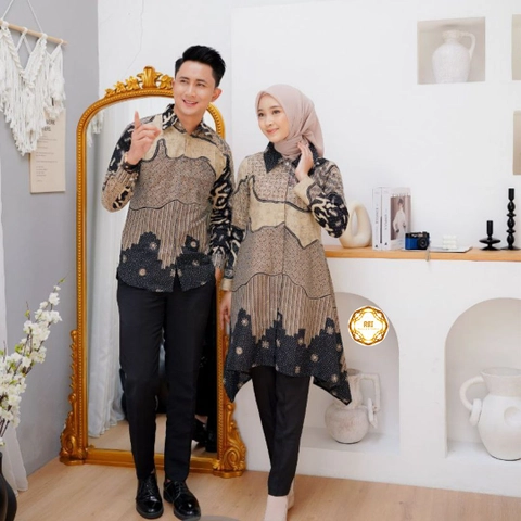 Rambe Batik Indonesia - Tunik Batik Luna Couple Black Kemeja Panjang Kantor Kondangan
