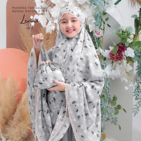 qayd - Mukena Levina Anak Tanggung Renda 3in1 Bahan Rayon Janger Resleting Abu Abu Coksu Hitam Hijau Semen