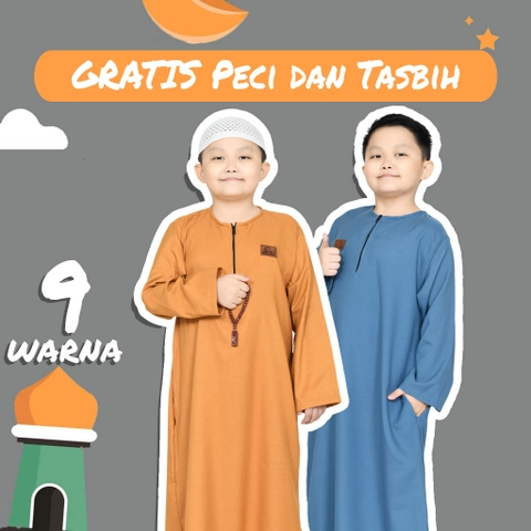Jembar - Jubah Anak Laki Laki Ubay Lengan Panjang 3-12 Tahun Baju Gamis Polos SET PECI DAN TASBIH
