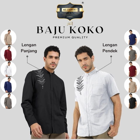 Al Jabari Baju Koko Pria Dewasa Lengan Panjang Lengan Pendek / Baju Muslim Pria Motif Bordir