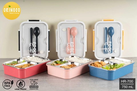 Houroffer HR-700 Lunchbox Stainless 3 Sekat Anti Bocor Anti Campur 750 ML dengan Sendok & Garpu