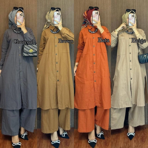 Valencia - Shella One Set Wanita Tunik Polo Linen Setelan Wanita Lengan PanjangCelana Kulot Kekin