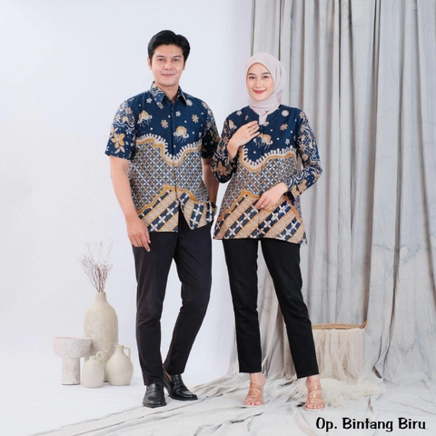 Kois Batik - Atasan Batik Couplen Pria Dan Wanita Motif Bintang navy
