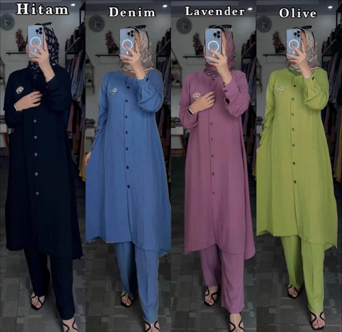 Valencia - One Set Wanita Rayon Crinkle Premium Setelan Tunik Lengan Panjang Busui Set Wanita Import Kekinian LD 110 cm