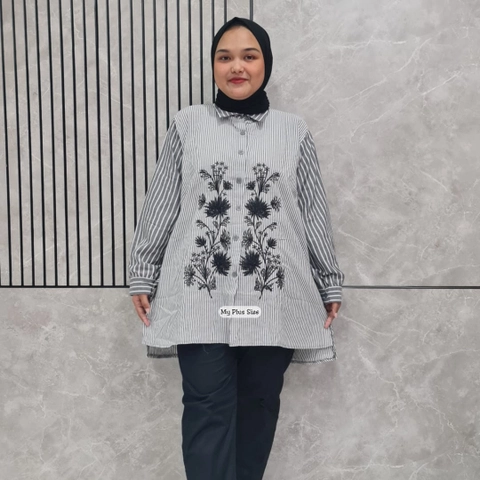 My Plus Size - Kemeja Salur Mix Bordir Jumbo Wanita 3836 Ld 125 cm / 135 cm / 145 & 155 cm