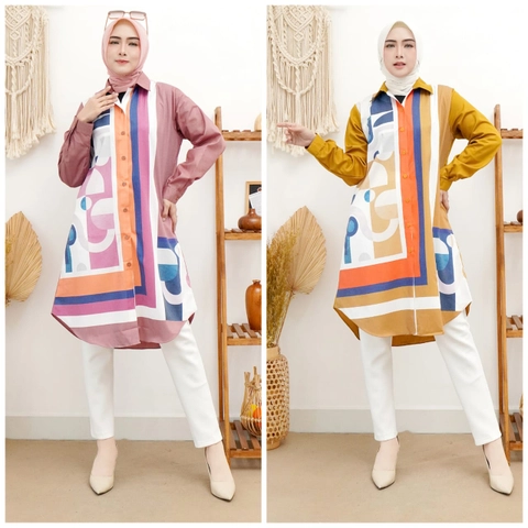 Syahrinda [TA] - Kemeja Tunik Kancing Picasoa Zaradiora Kemeja Pink Kuning Print Bunga Katun Impor