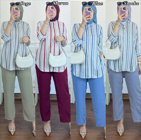 Valencia - Luna Set - One Set Wanita Kemeja Salur Shakila Twill Premium Setelan Baju Lengan 7/8 Set Celana Panj