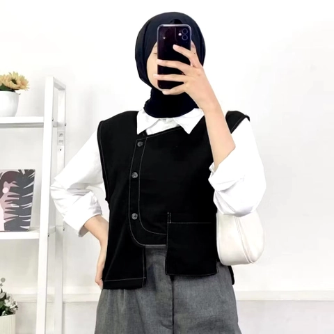 Muslim Clothing - Muslim Clothing-Ghea Outer Kemeja Oversized Sleveless Woman Thania Vest Style Black White Elodie ves