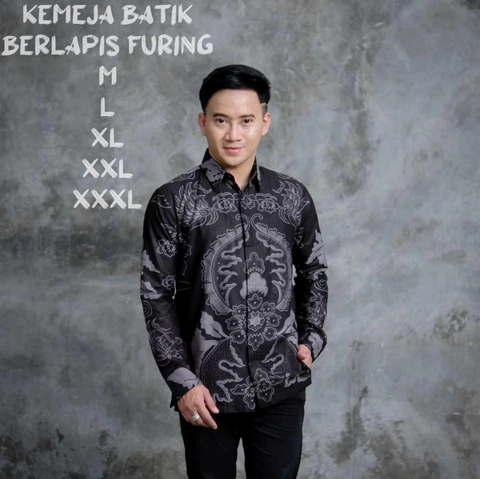 Batik Mafaza - Kemeja Batik Pria Dewasa Berlapis Furing Motif Mahkota abu