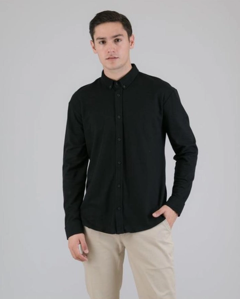 HMHS - kemeja hitam polos pria casual