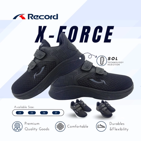 Record Shoes Official - RECORD XFORCE SEPATU SEKOLAH ANAK TK SD SMP 4-13THN ALL BLACK HITAM PUTIH 30-37 PEREKAT COWO CEWE