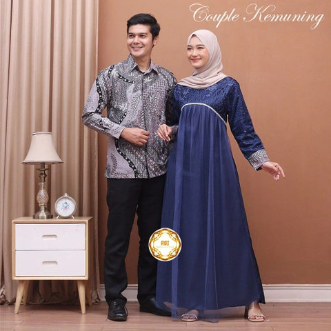 Rambe Batik Indonesia - Batik Couple Kemuning Premium Bahan Velvet Super Mix Tile Bordir Mutiara dan Tile Jaring