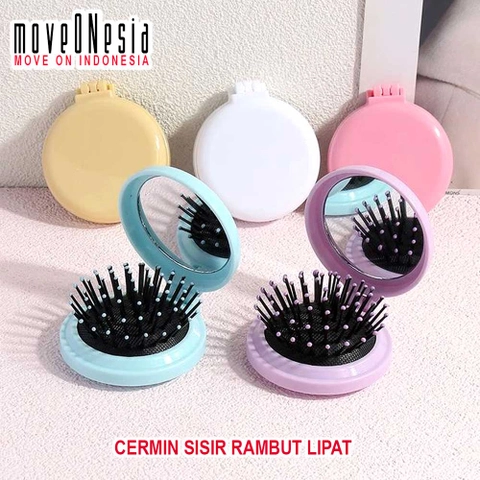 Moveonesia - Cermin Sisir Rambut Lipat Bulat Mini Hair Comb And Massage Scalp With Mirror
