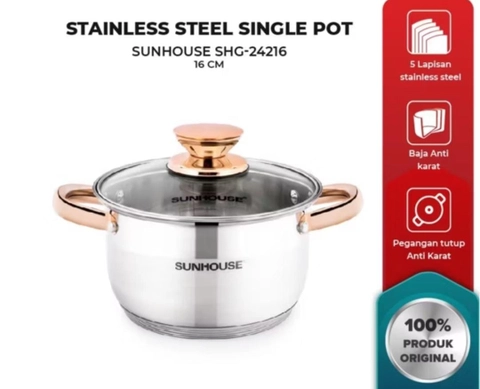 Rizki Electronics - Sunhouse Stainless Steel Single Pot+Tutup Kaca 16 cm 1 Pcs SHG24216