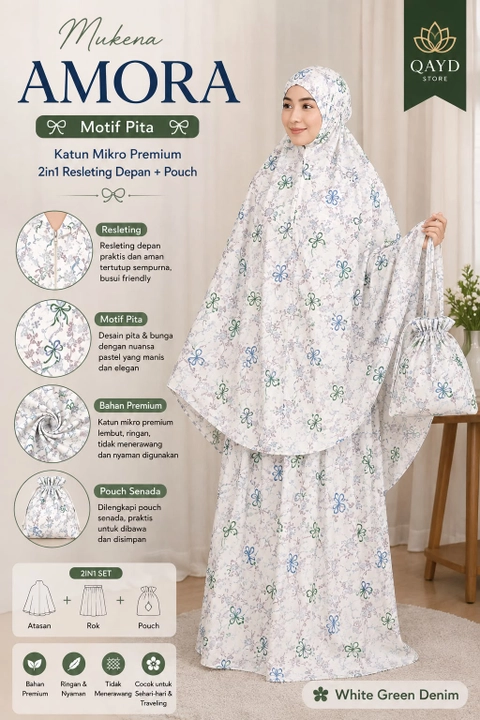 qaydstoreid - Beli 1 Gratis 1 Mukena Amora Motif Pita-Katun Mikro Premium 2 in 1 Resleting Depan + Pouch