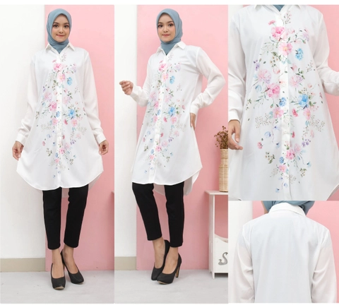 Syahrinda [TA] - Kemeja Wanita Tunik Panjang Putih Premium Zarania motif Bunga Rosa