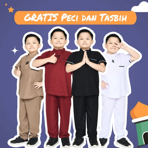 Jembar - Baju Koko Setelan Luqman Anak Muslim Usia 3-12 Tahun Gratis Peci dan Gratis Tasbih