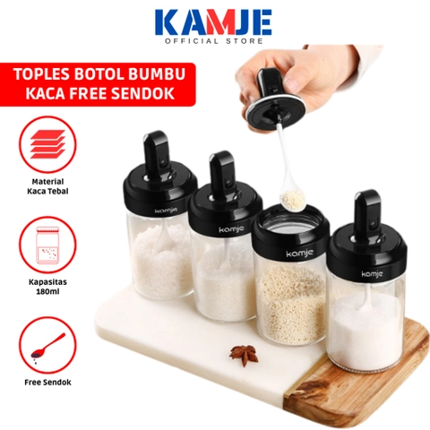 KAMJE Toples Botol Wadah Tempat Bumbu Dapur Kaca Aesthetic Free Sendok KMJ018