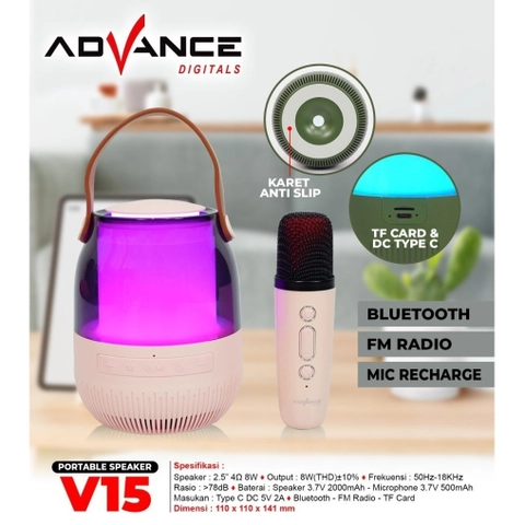 Advance Digitals Indonesia - Speaker Bluetooth V-15 LED Mini Portable With 1 Set Microphone Wireless