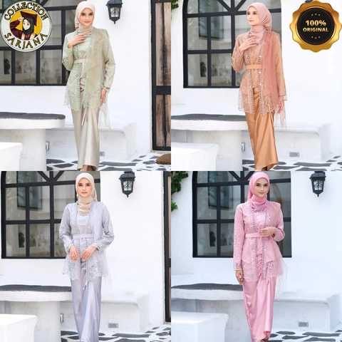 COLLECTION SARJANA - Setelan Outer Panda- Furing Satin - Brokat Tille Mutiara - Brokat Tutu (Payet Mutiara)