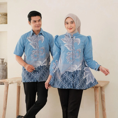 Kois Batik - Atasan Batik Modern Coupel Terbaru Model puff blouse Motif anggrek denim