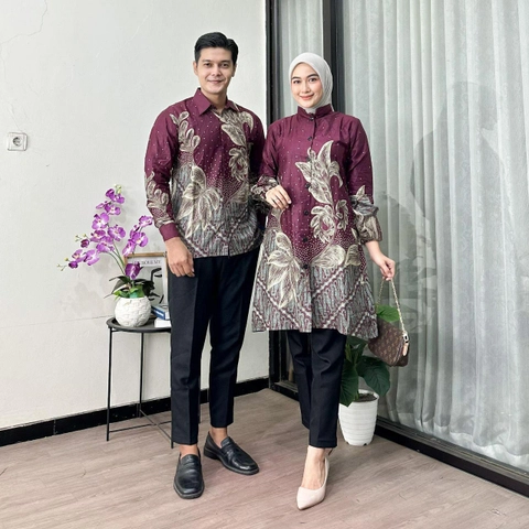 Batik Mafaza - Batik Coupel Tunik Dan Kemeja Bisa Dipisah Terbaru Motif Anggrek burgundy