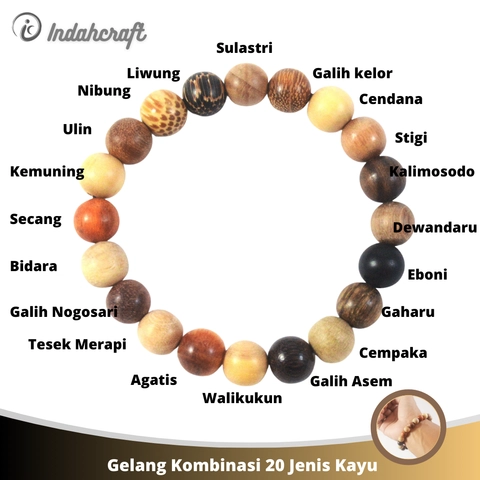 Indahcraft - Gelang Campuran 20 Jenis Kayu Asli 10 mm Natural